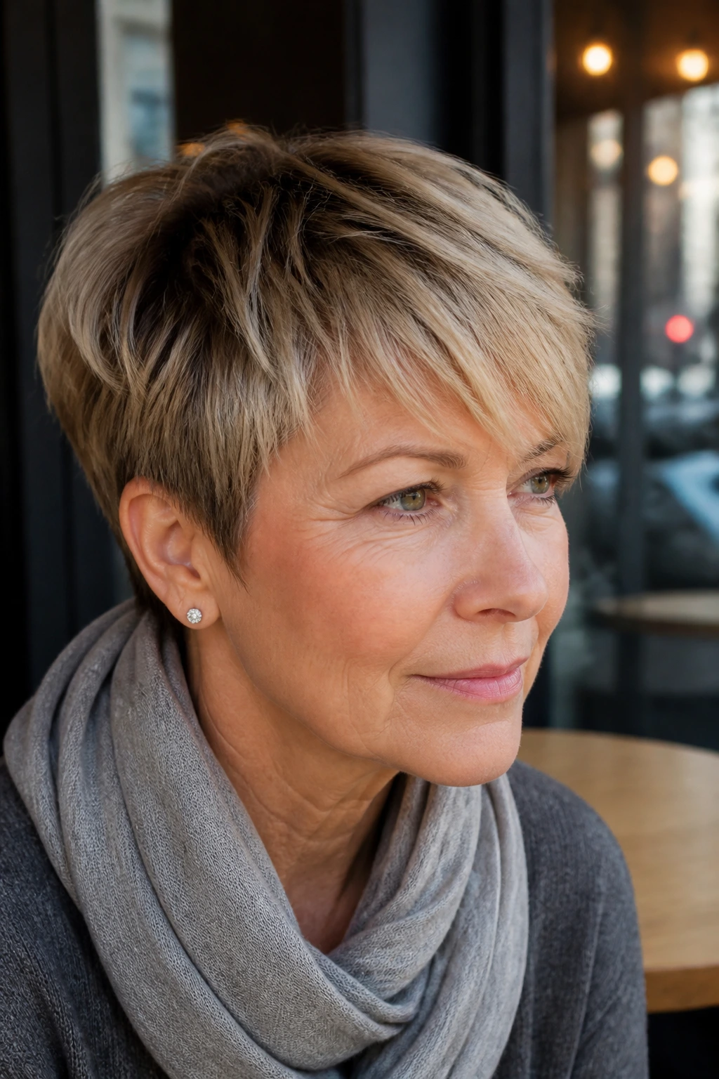Close-up of a real woman with warm balayage pixie and darker roots outdoors with blurred city background