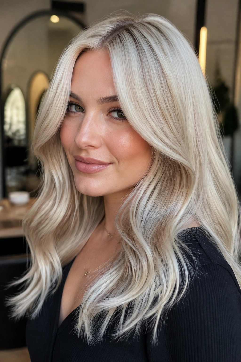 Portrait of a real woman with platinum base and face-framing balayage contours.