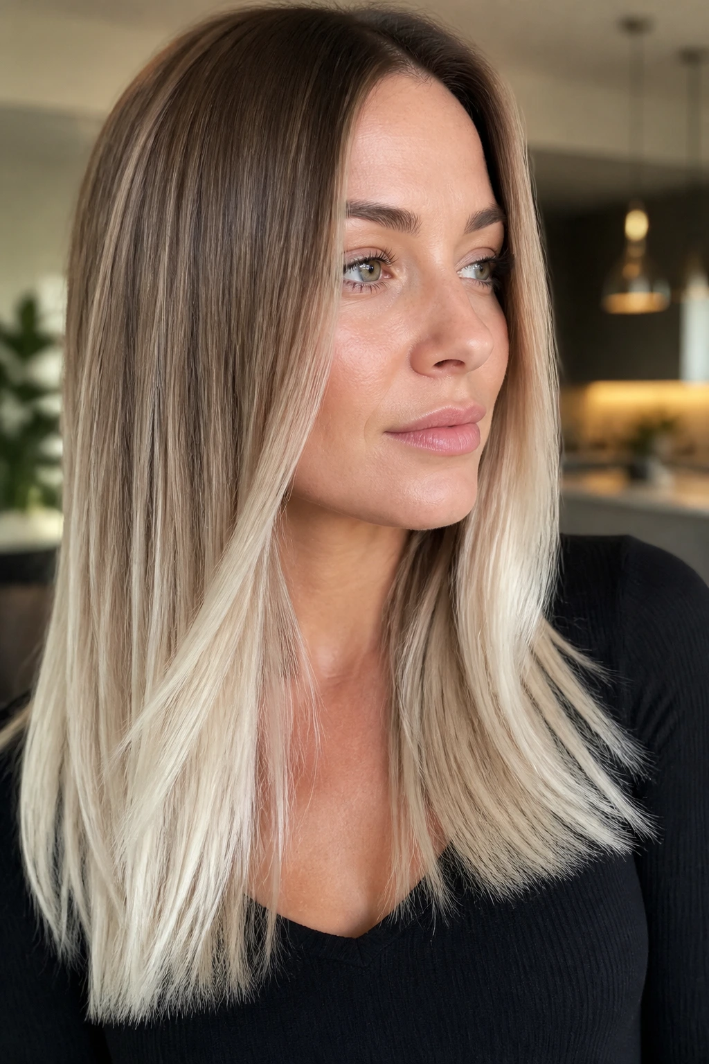 Close-up portrait of straight hair with platinum beige ends.