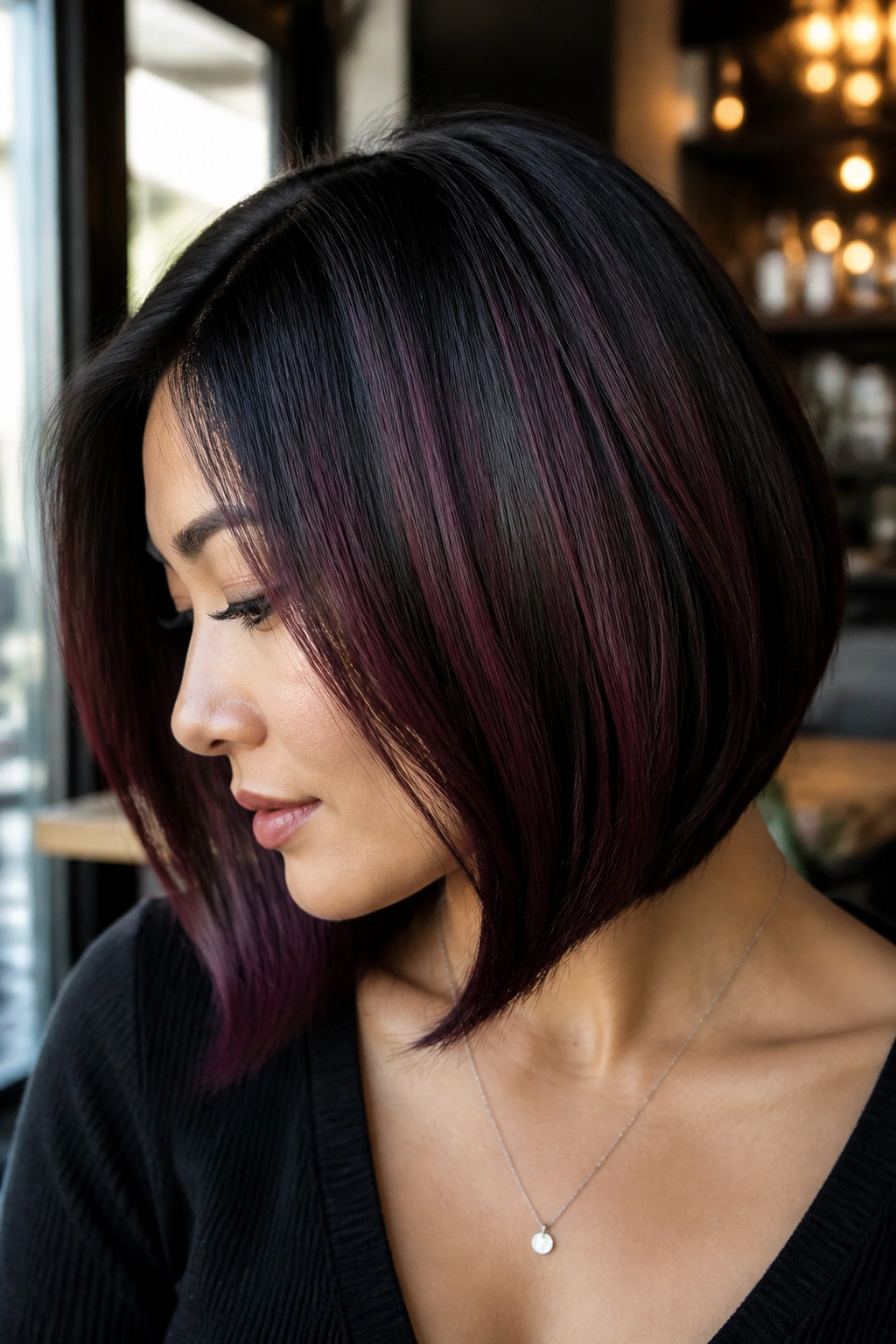 Portrait of a woman with plum black balayage in a sleek bob