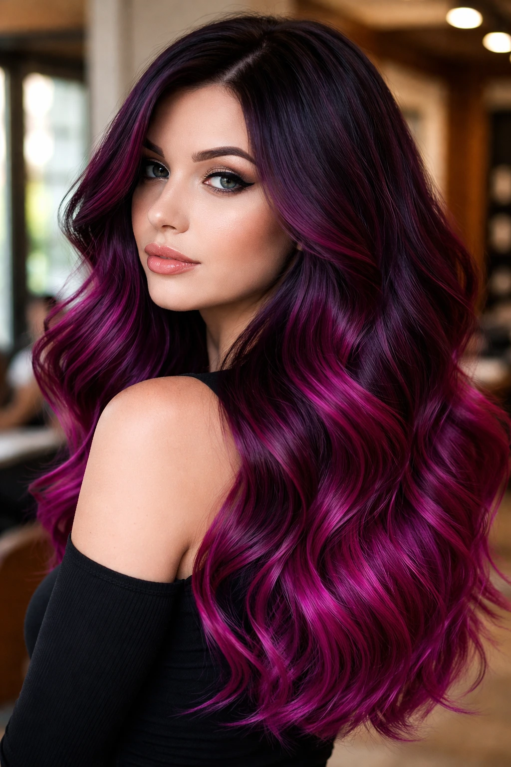 Close-up portrait of a woman with deep plum to fuchsia balayage on cool-toned hair