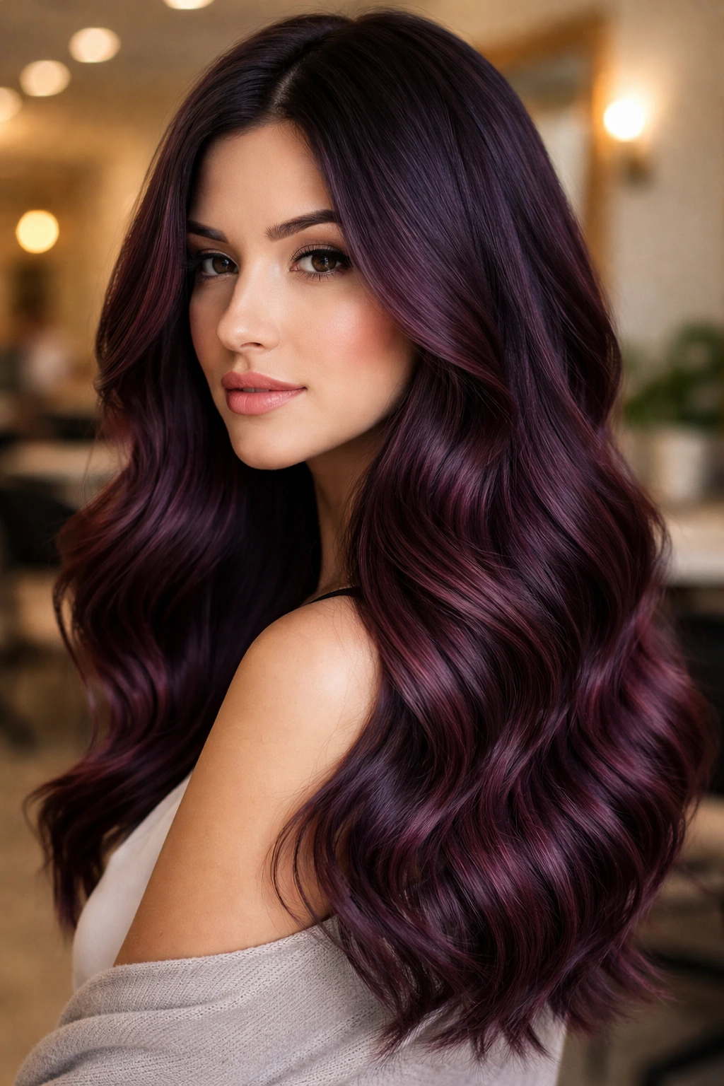 Close-up of deep plum balayage on mid-lengths and ends