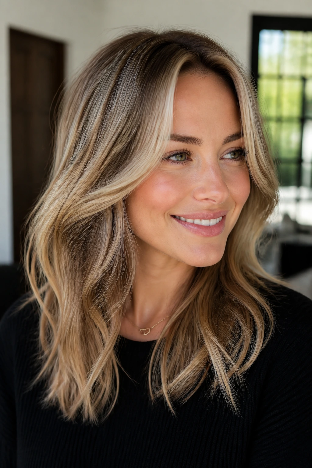 Portrait of a real woman with reverse balayage adding lowlights for depth