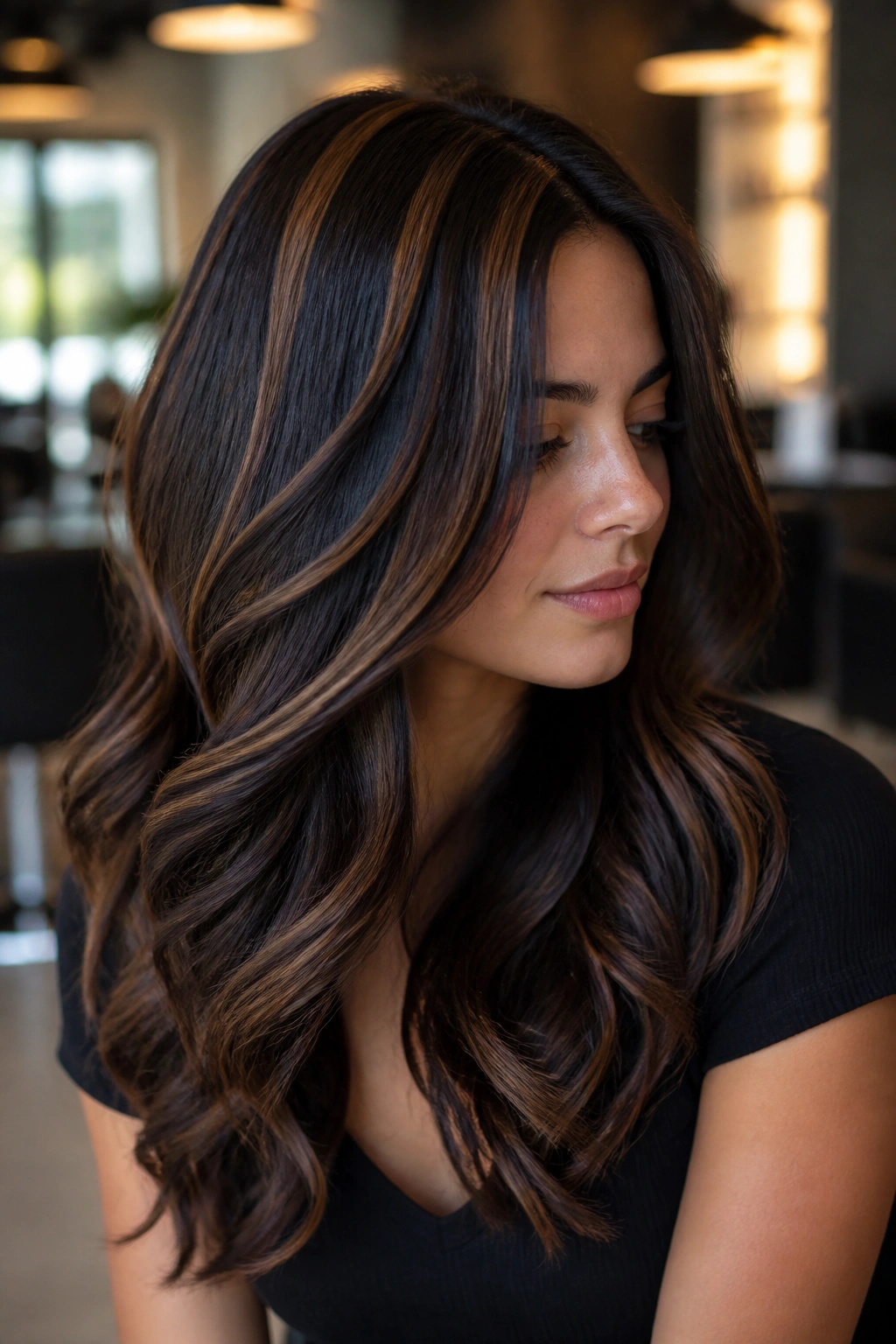 Close-up portrait of a woman with thick black ribbon balayage on brunette hair