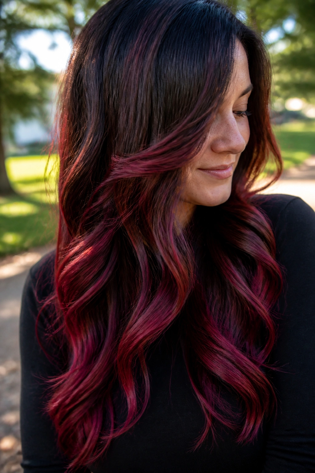 Brunette hair with cherry red balayage ribbons mid-lengths