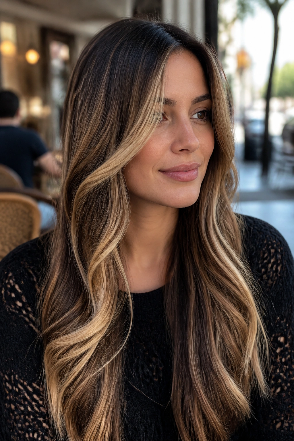 Close-up of long balayage ribbons framing a real woman's front.