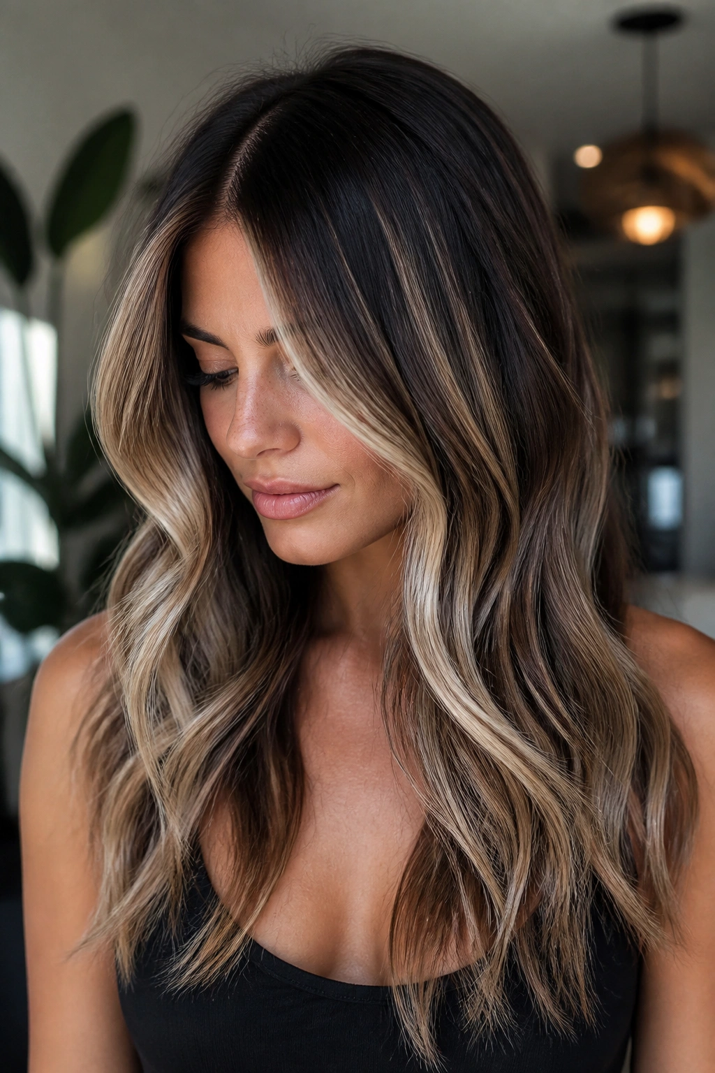 Close-up of a real woman with high-contrast ribbon balayage showing distinct ribbons on brown hair