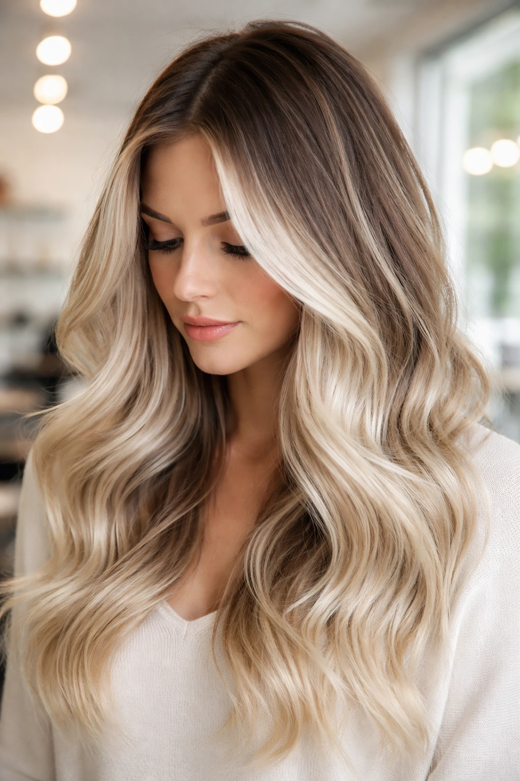 Brunette with root-melt snowy blonde balayage