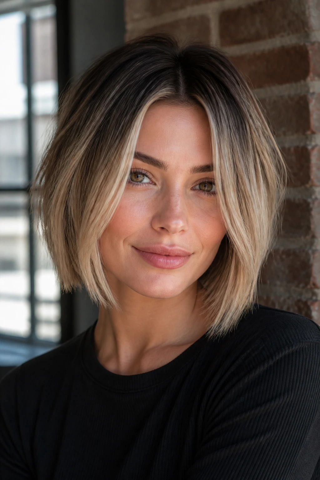 Portrait of a woman with dimensional balayage bob and root shadow
