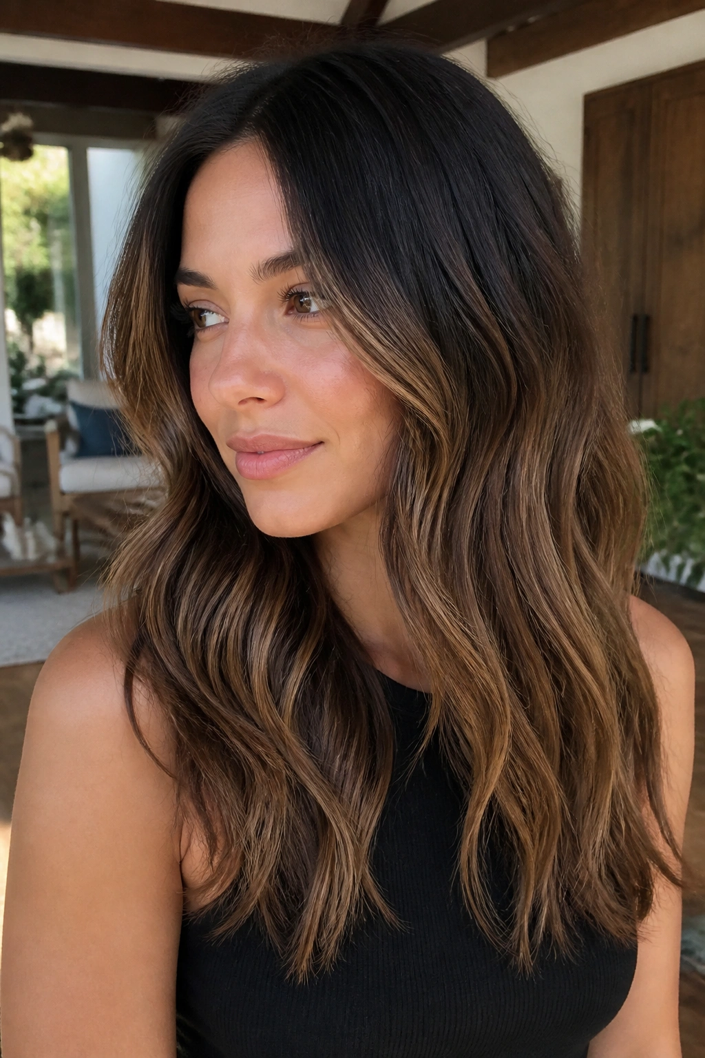 Close-up of a person with root shadow balayage and caramel mid-length highlights