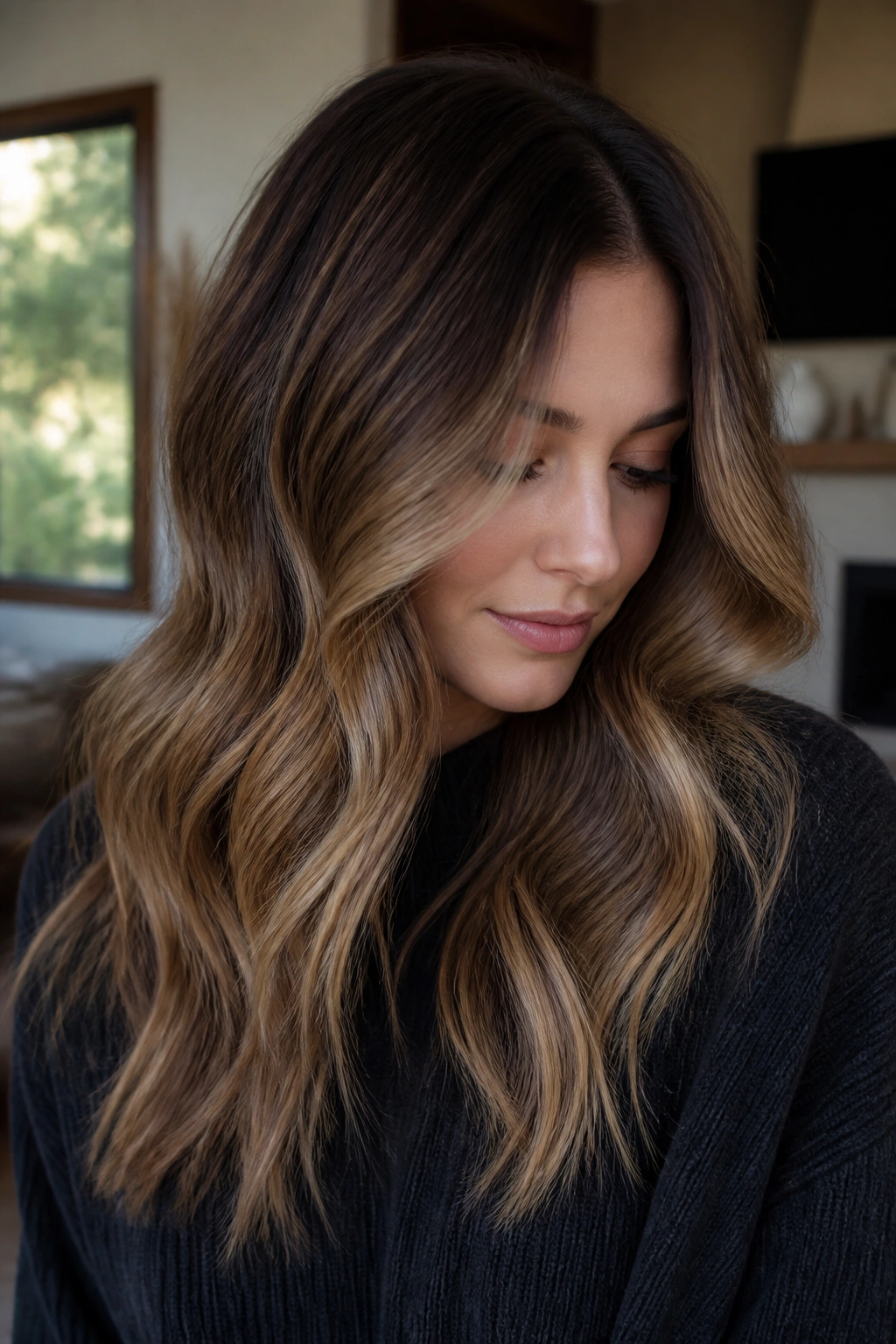 Real woman with rooted honey balayage and darker roots in warm indoor light