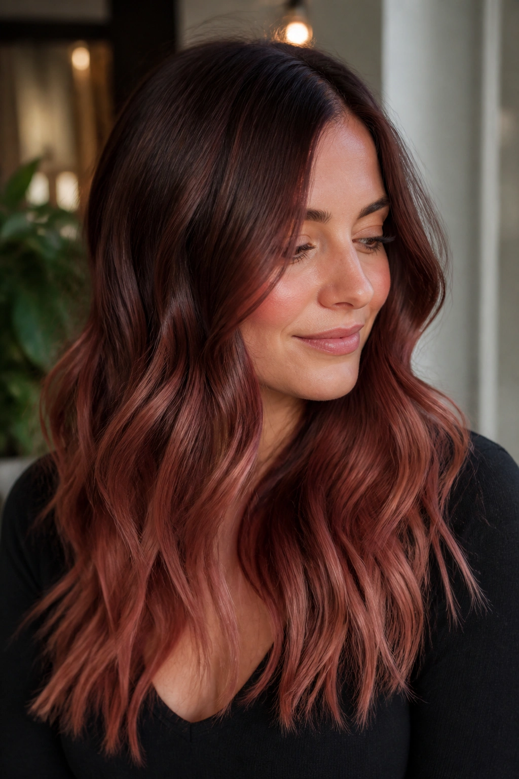 Real woman with medium brunette hair featuring rose auburn mid-lengths.