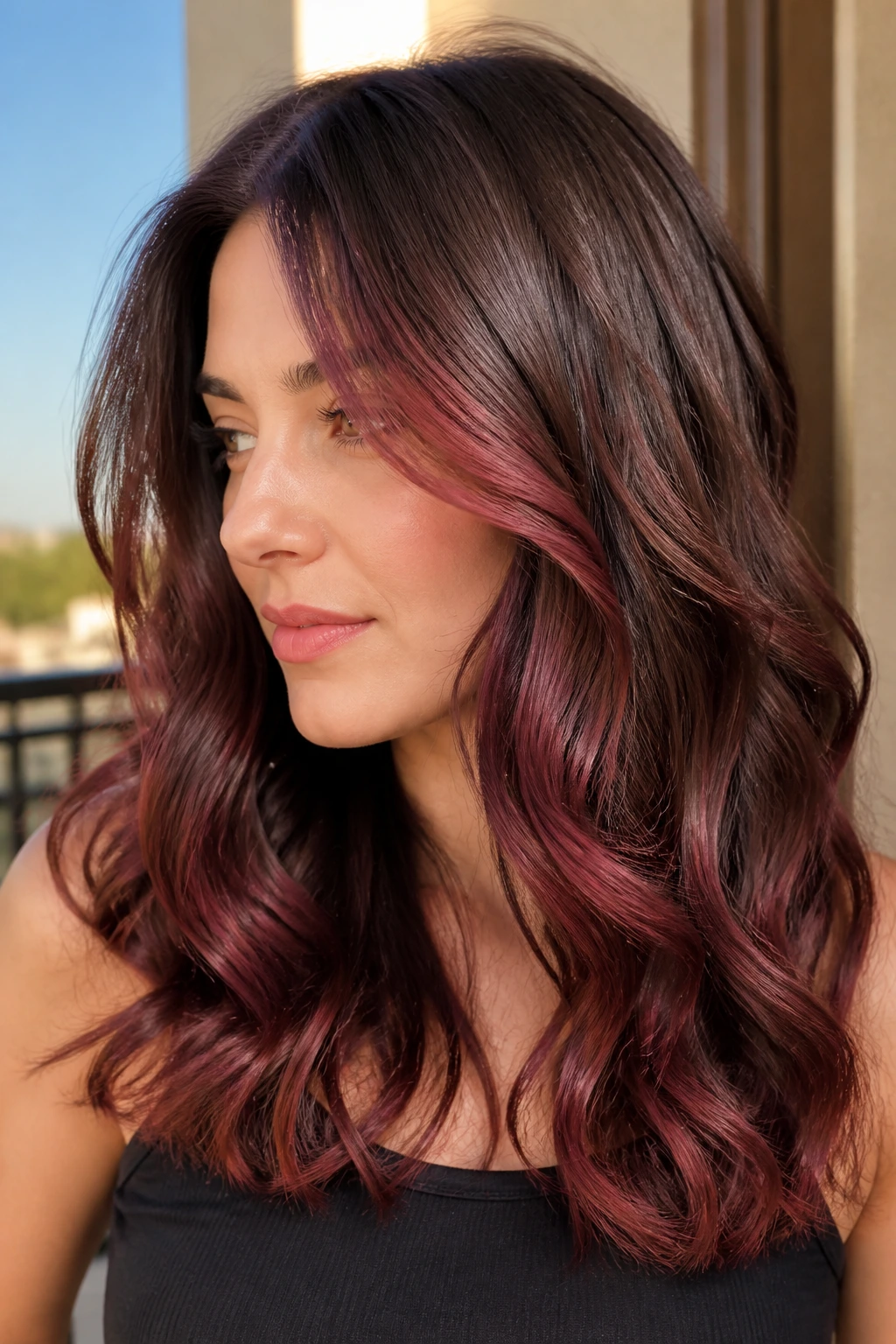 Real woman with medium brown hair in rose-burgundy balayage and waves