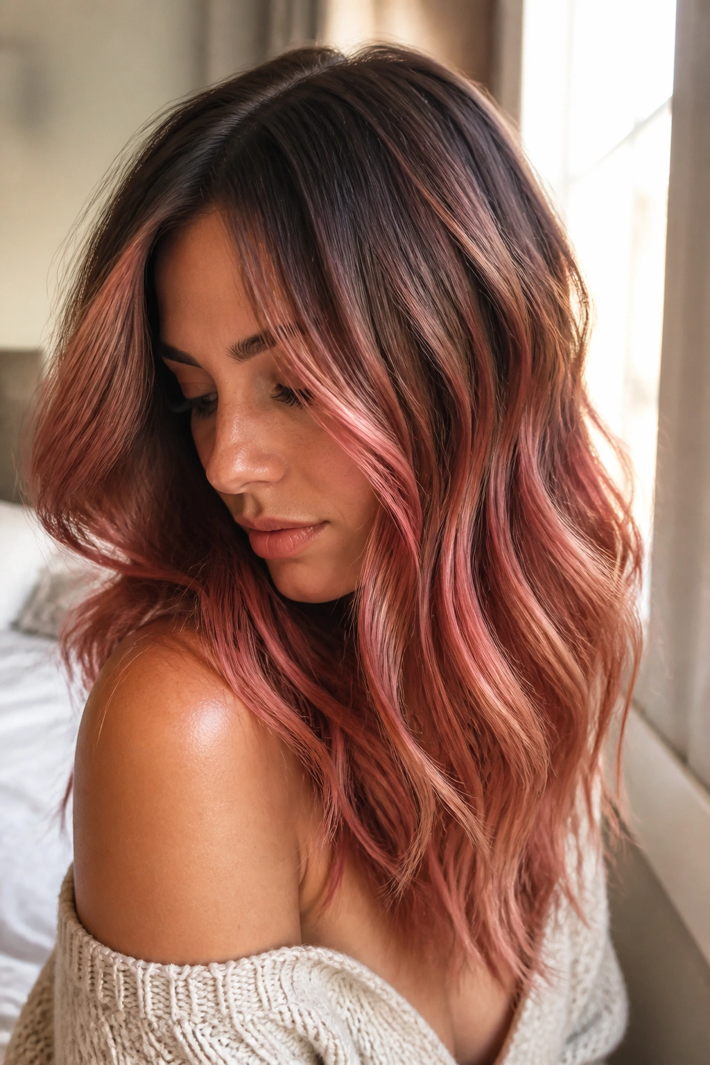Close-up of real woman with rose gold red pink balayage on brown hair