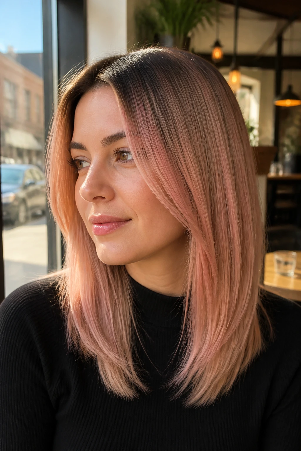 Close-up portrait of straight mid-length hair with soft rose gold tint.