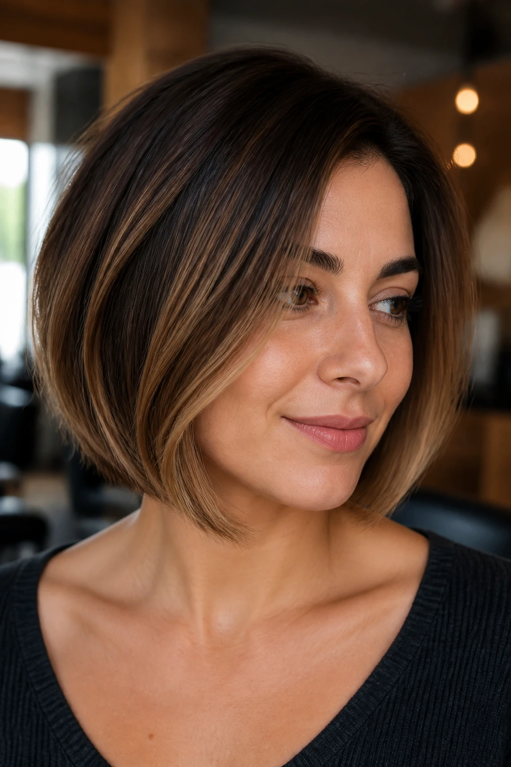 Close-up of rounded bob with mocha lift on a real person