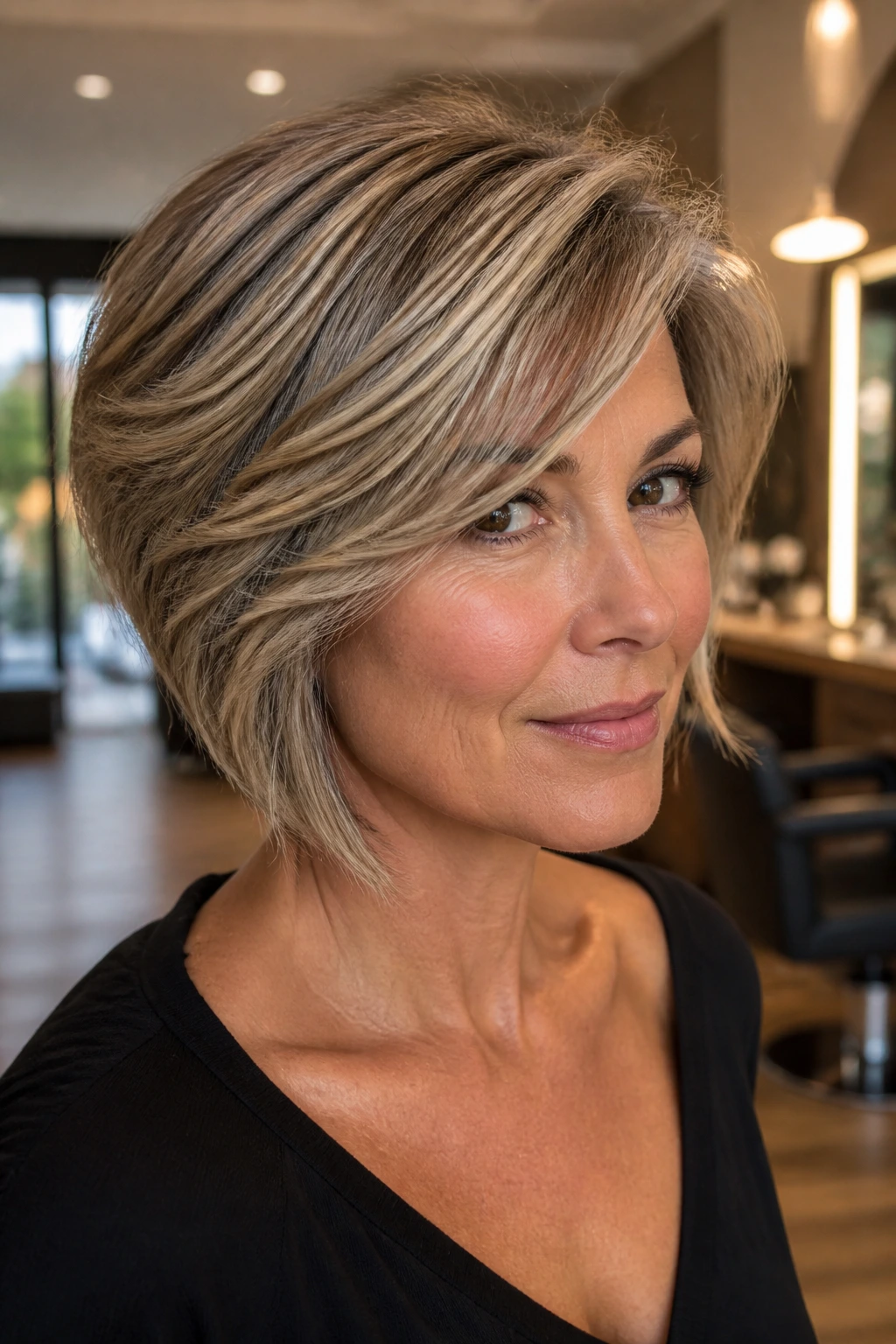 Close-up portrait of a real woman with caramel-to-blonde balayage on salt-and-pepper hair
