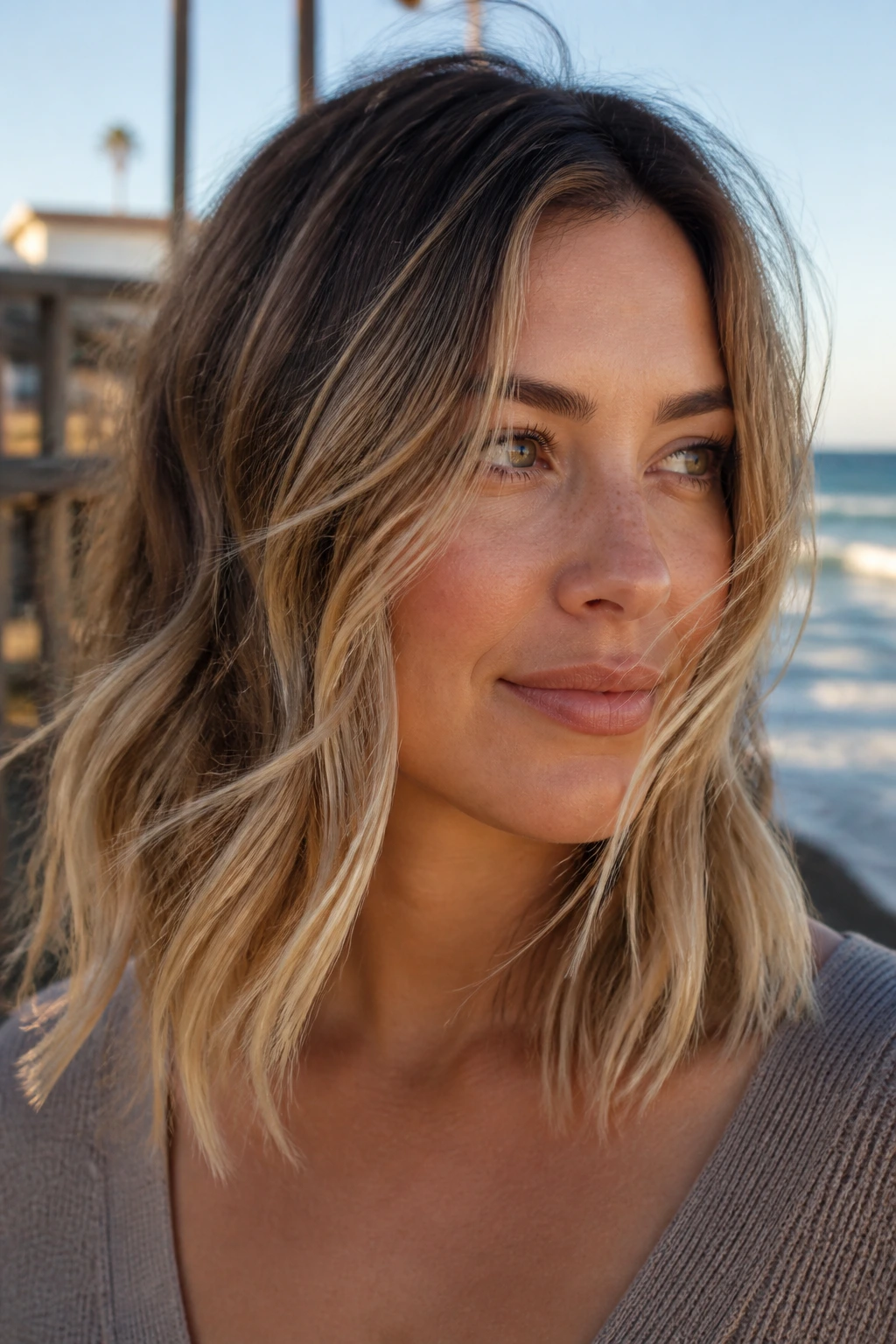 Close-up of a real woman with sandy blonde balayage and airy ends