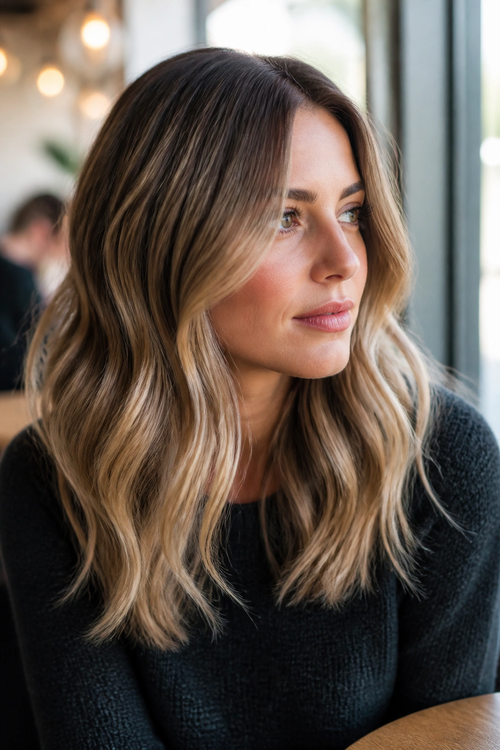 Close-up portrait of a real woman with sandy blonde balayage on brown hair in soft matte finish