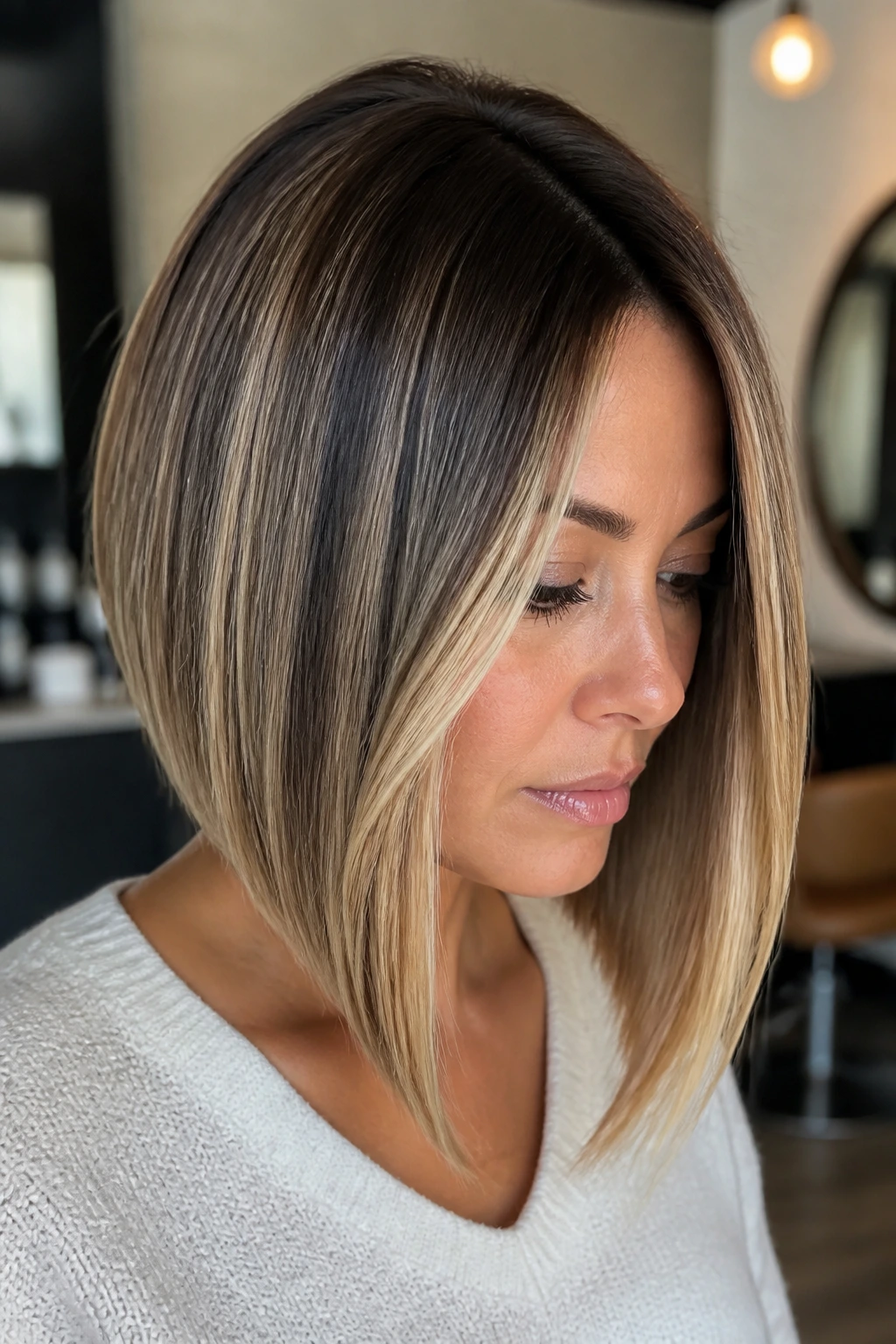 Close-up of a real woman with a long inverted bob featuring balayage and shadow root in natural window light