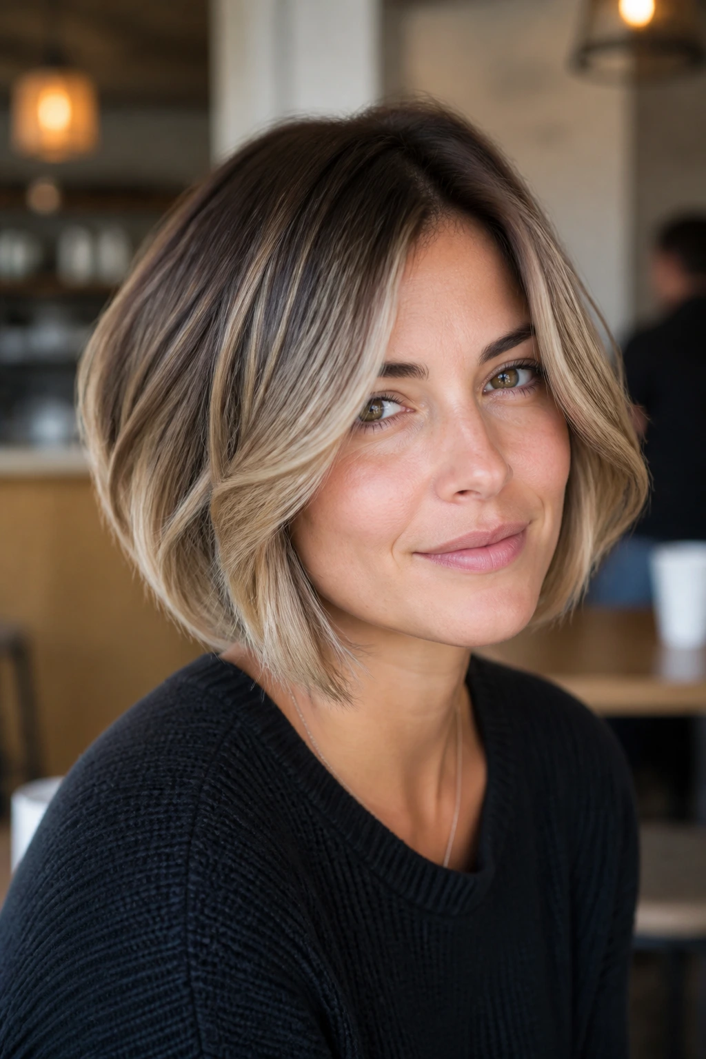 Close-up of a real woman with a dimensional curtain bob balayage