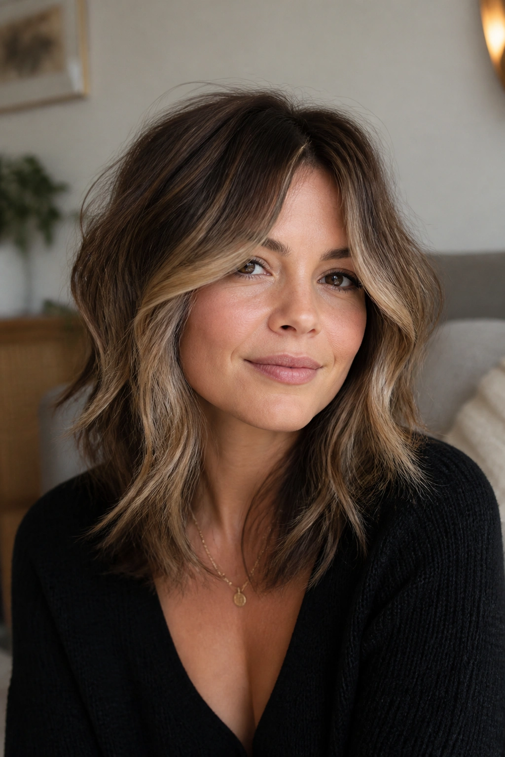 Portrait of a real woman with a shag cut and face-framing balayage highlighting the front pieces