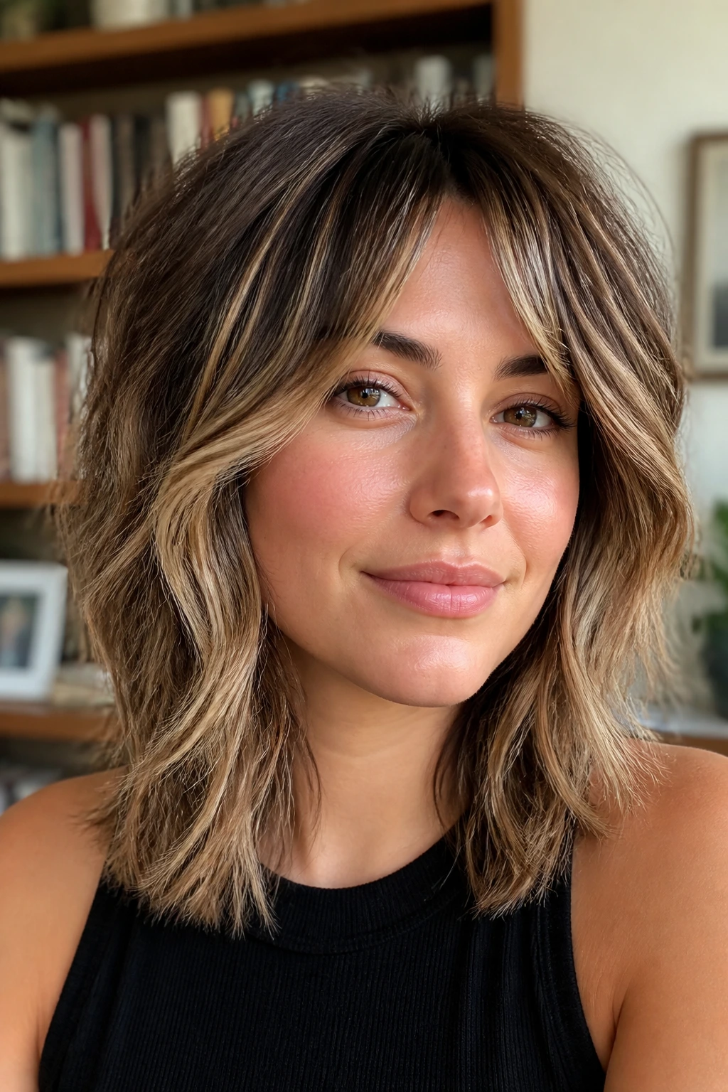Close-up of shag with piecey balayage highlighting around the face.