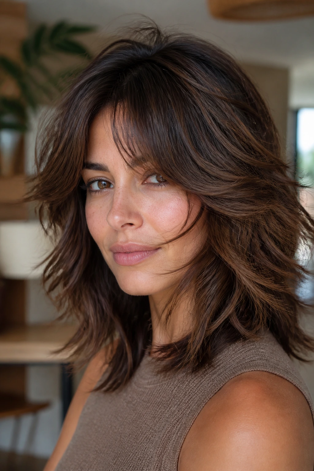 Close-up of a real woman with shaggy layers and piecey ends in warm light.