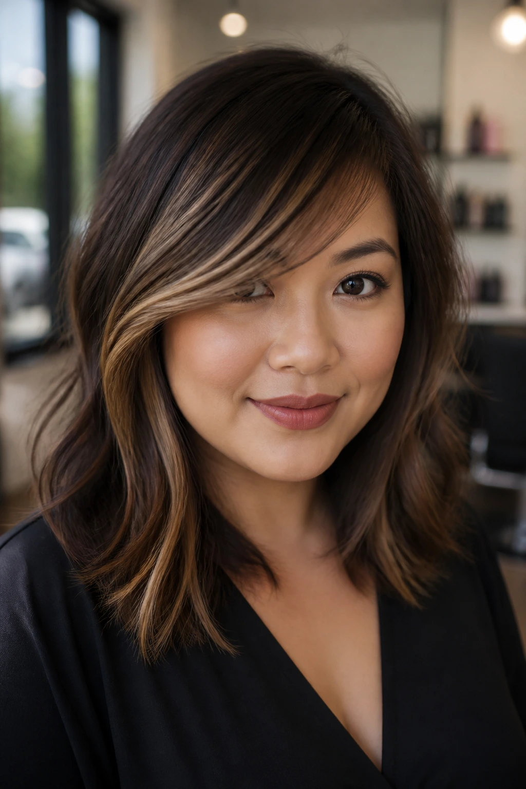 Close-up portrait of a real woman with balayage-highlighted side bangs framing a round face