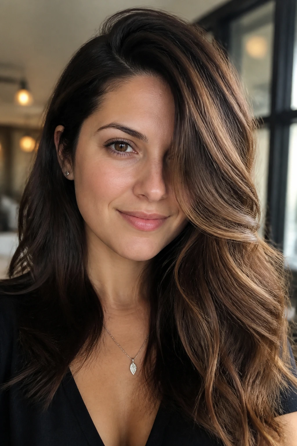 Portrait of a woman with a deep side part and one-side brightness in warm light.
