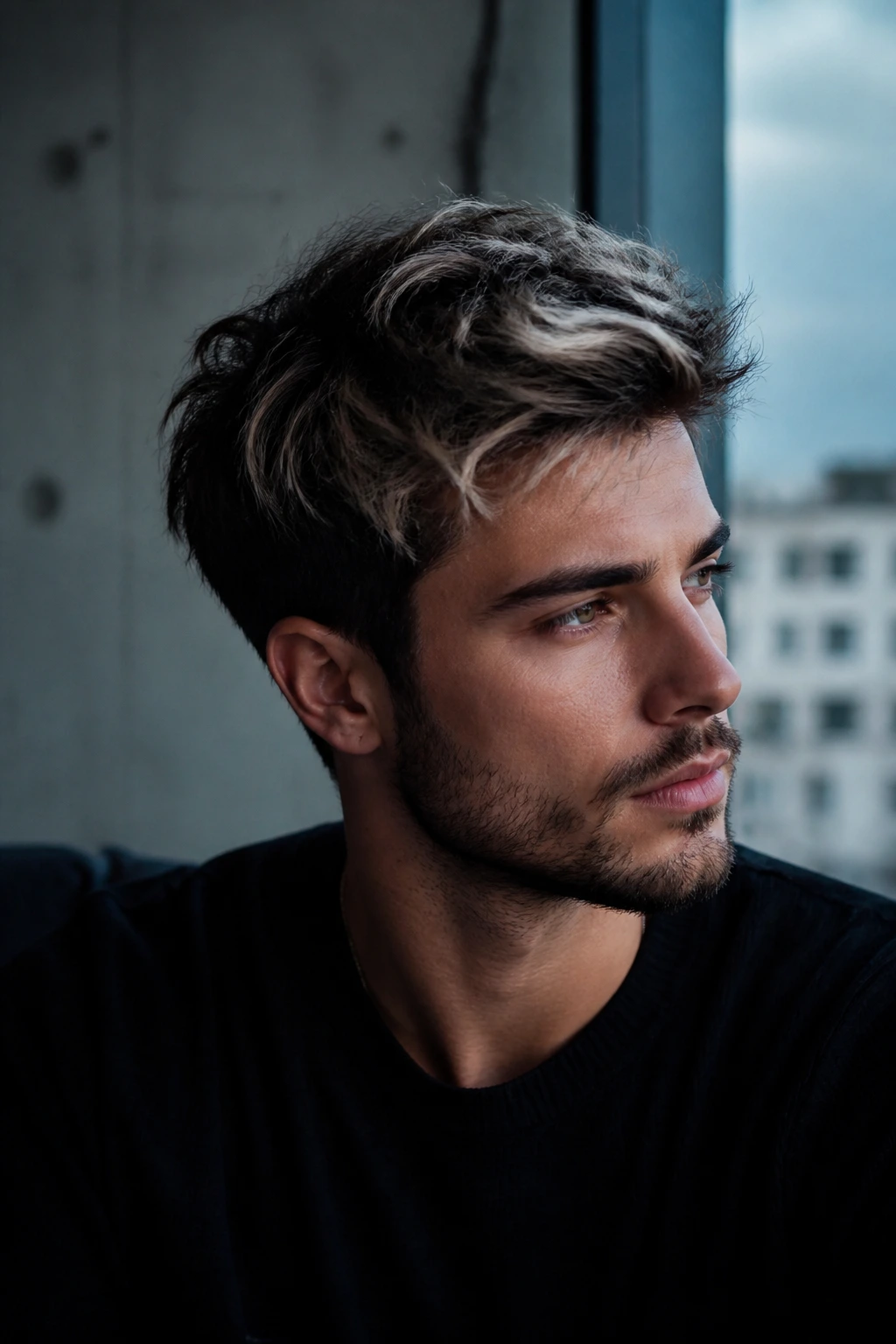 Close-up of a man with dark hair and silver-blond balayage on the top/front