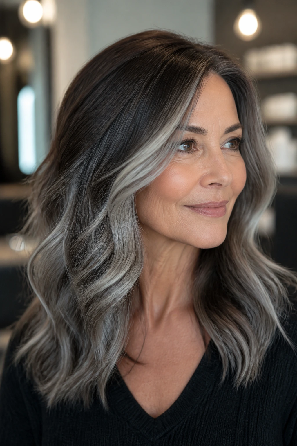 Portrait of brunette woman with smoky silver balayage and darker roots.