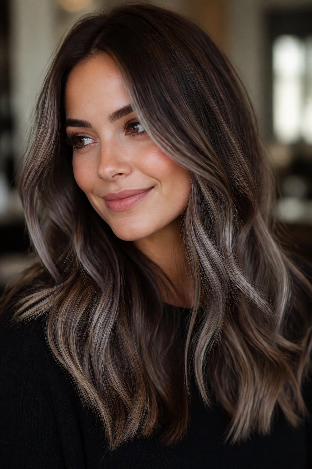 Close-up portrait of a real woman with smoky silver balayage on chestnut brown hair