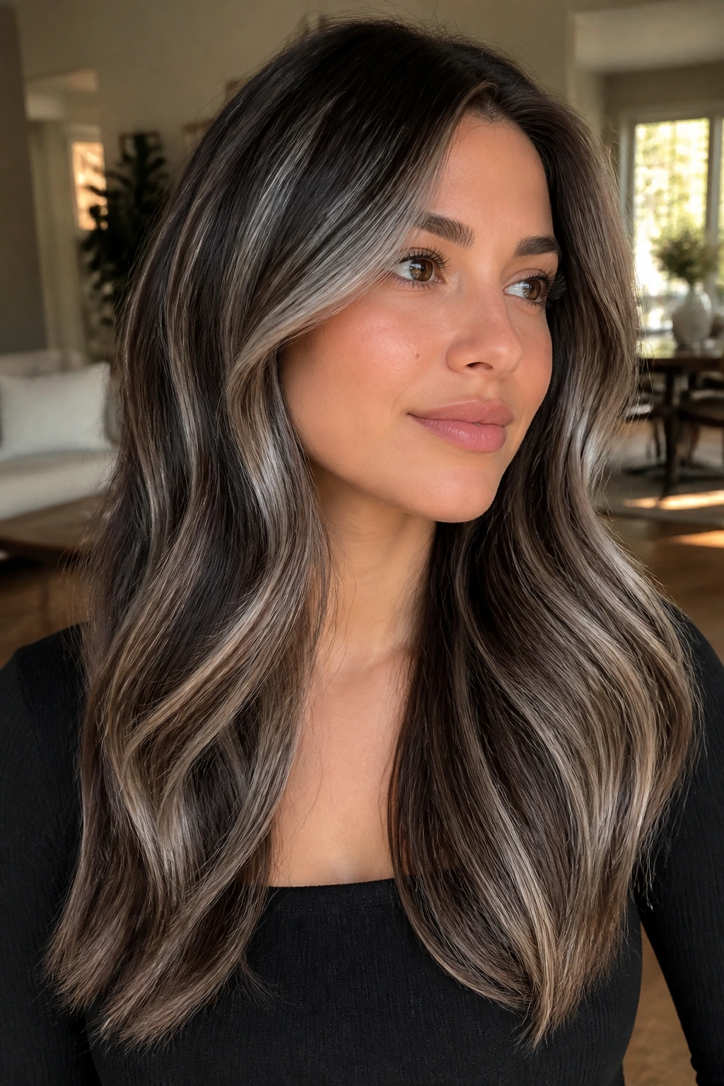 Close-up of a real person with medium brown hair featuring silver ribbon balayage and deep lowlights