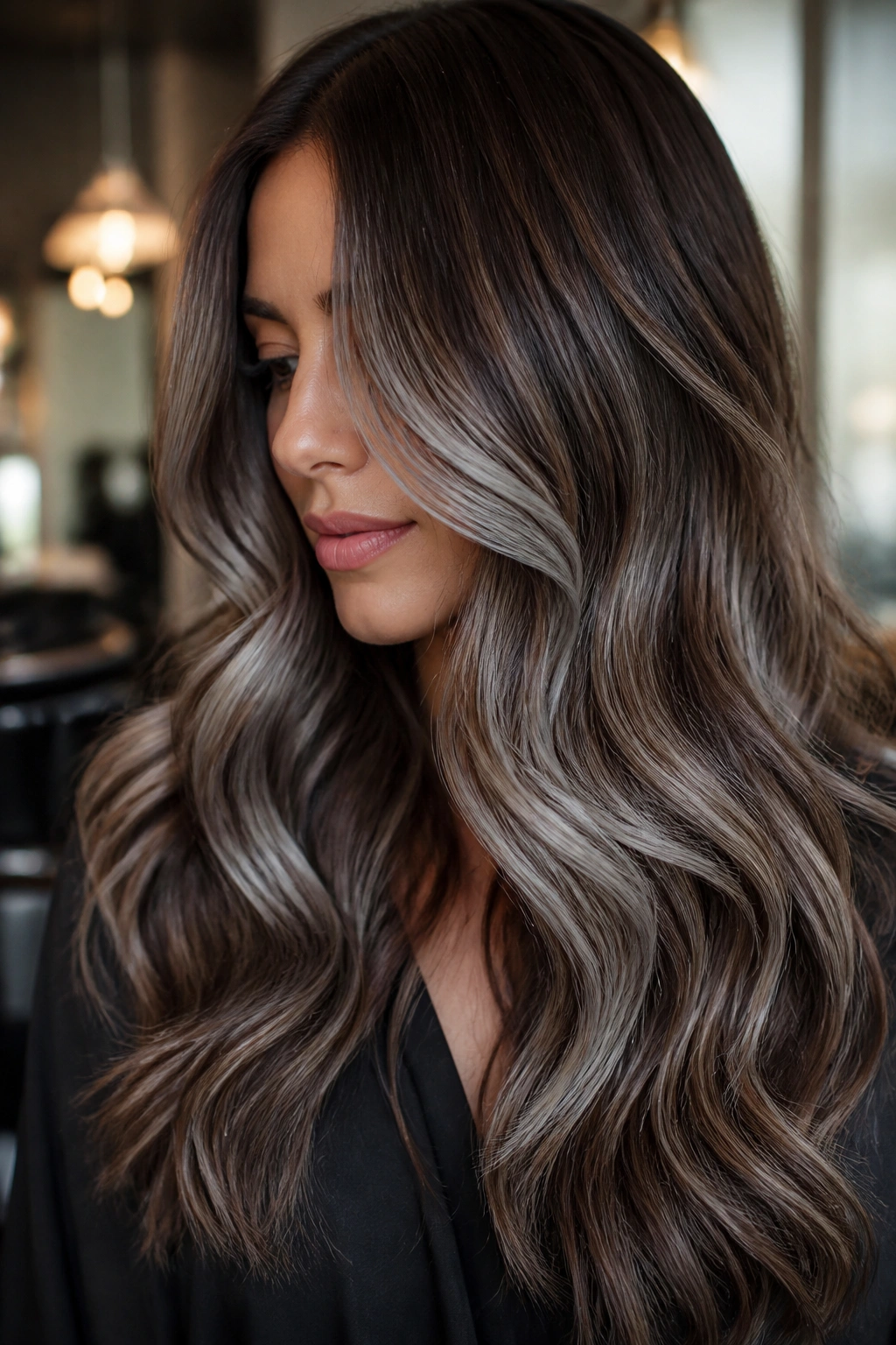 Close-up of long wavy hair with smoky silver balayage on mid-lengths and ends