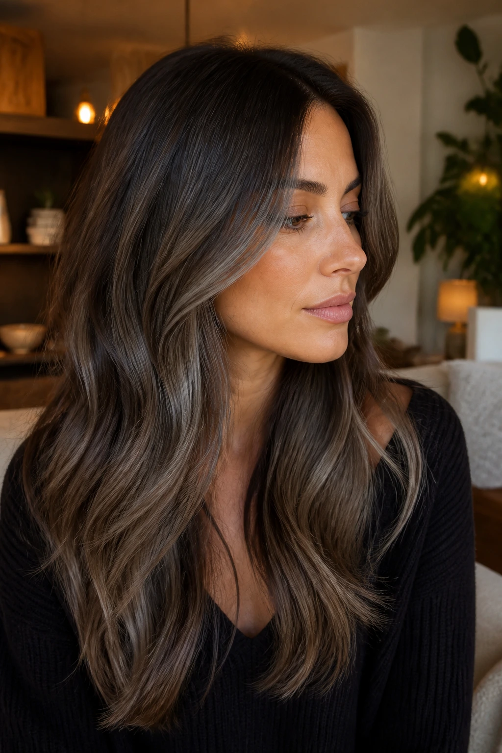 Close-up of muted slate balayage on long layered brown hair