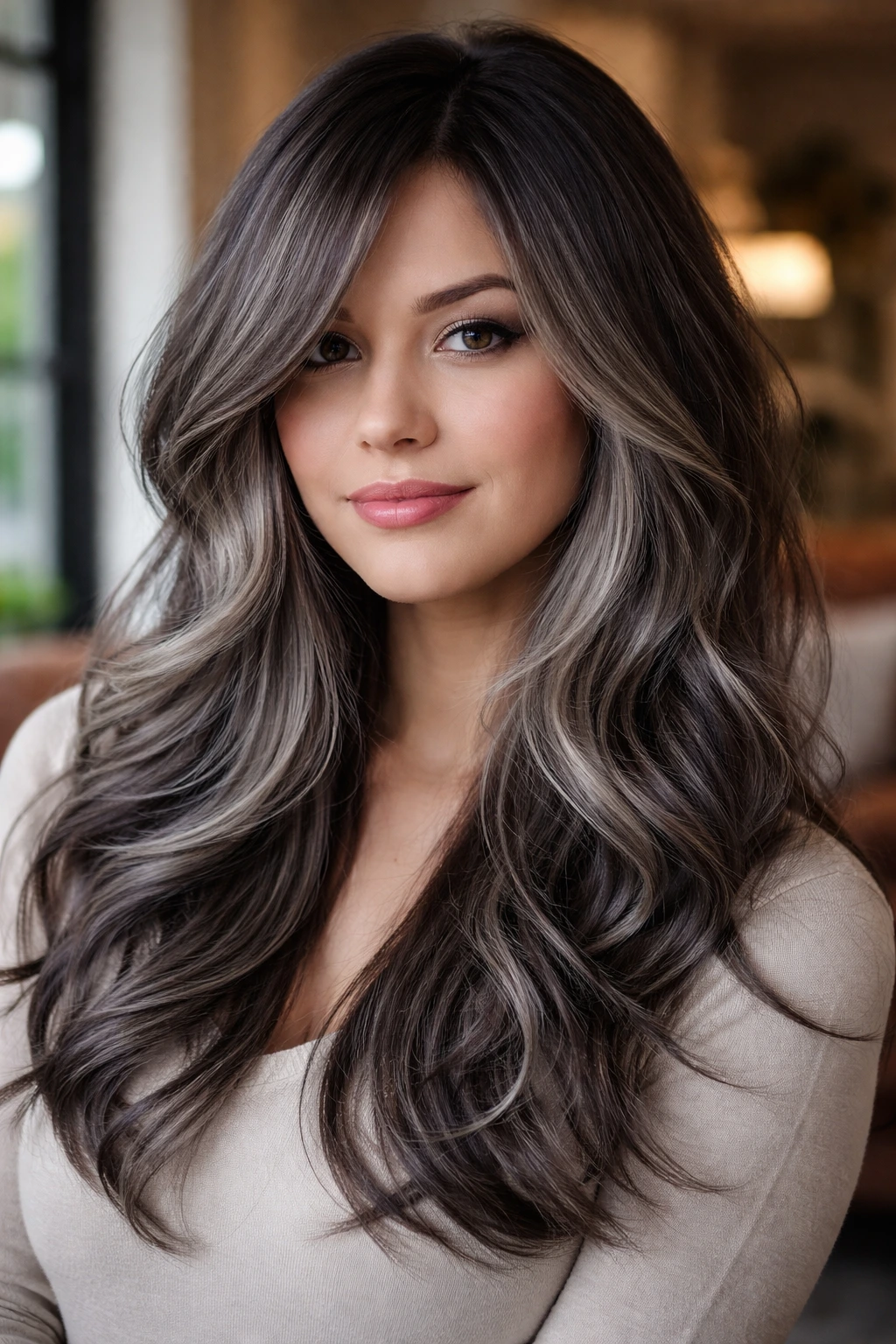 Close-up of a real person with softly layered balayage in smoky-steel tones