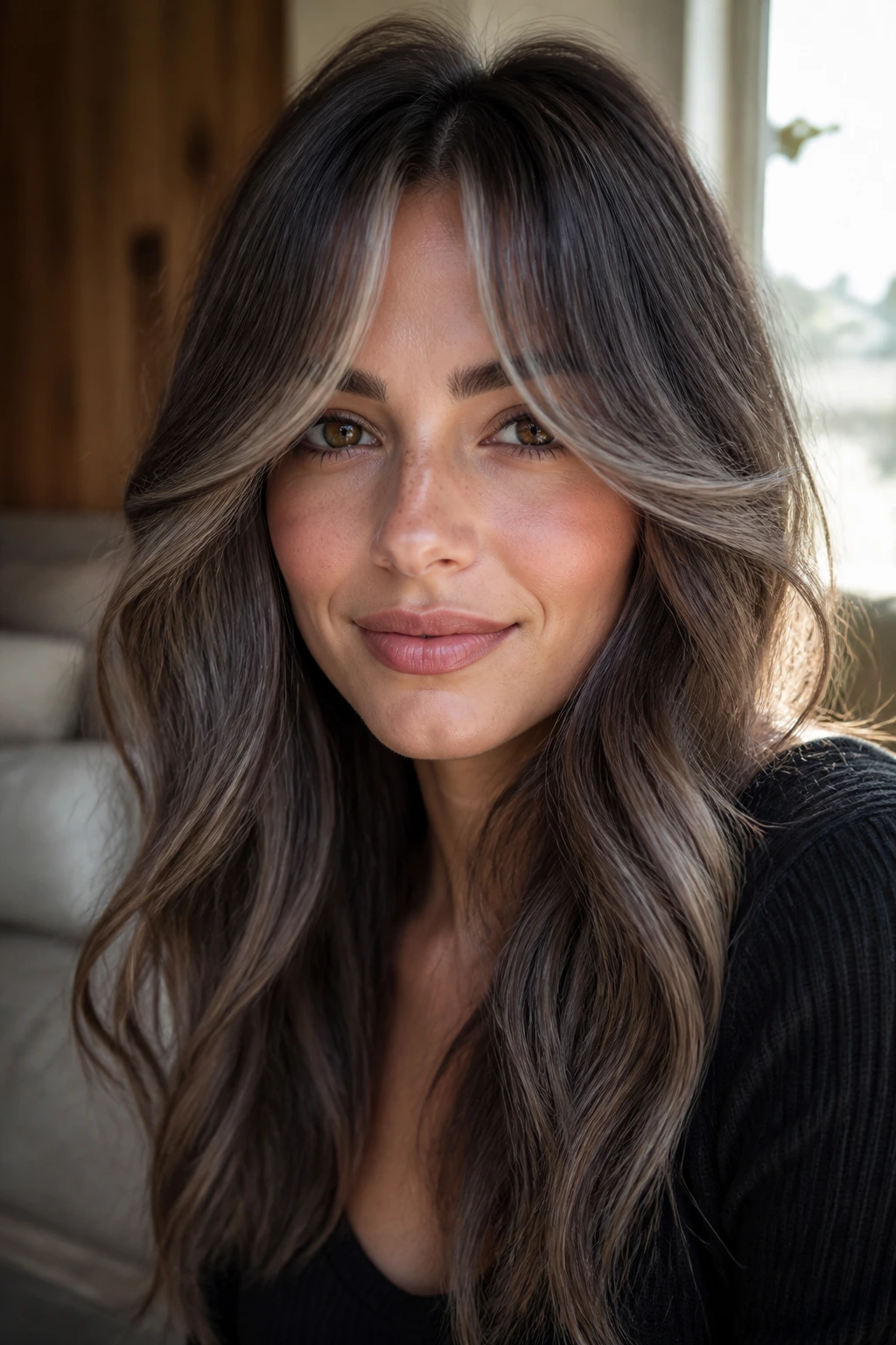 Close-up of smoky ash balayage with curtain bangs