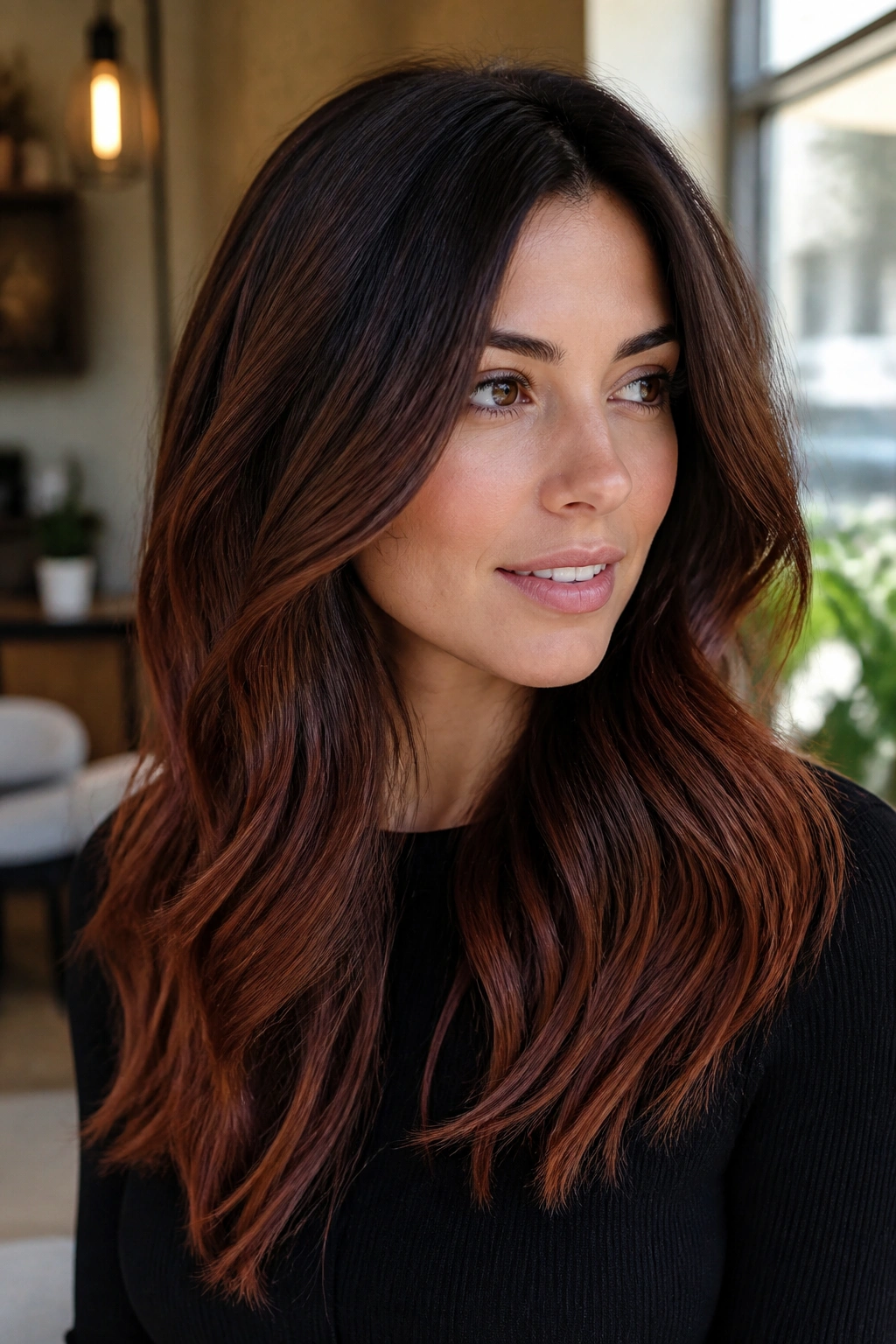 Real woman with brown hair showing smoky auburn and soft root shadow.