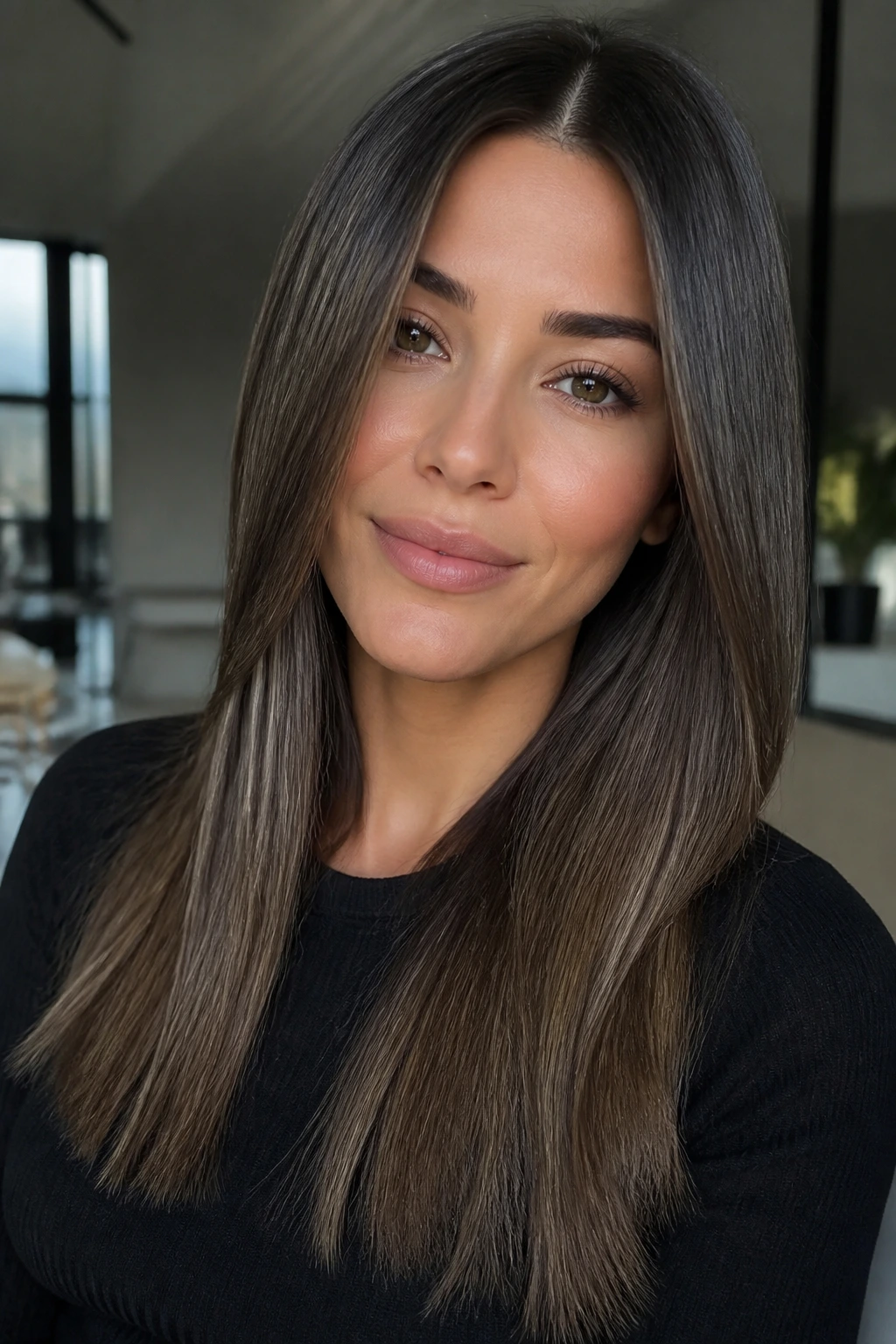 Close-up portrait with smoky brunette balayage on straight hair.