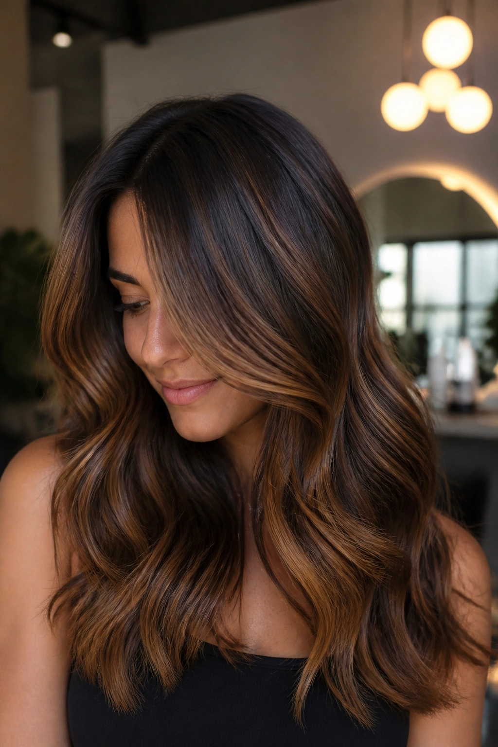 Close-up of a real woman with smoky cocoa base and honey caramel swirls in her hair.