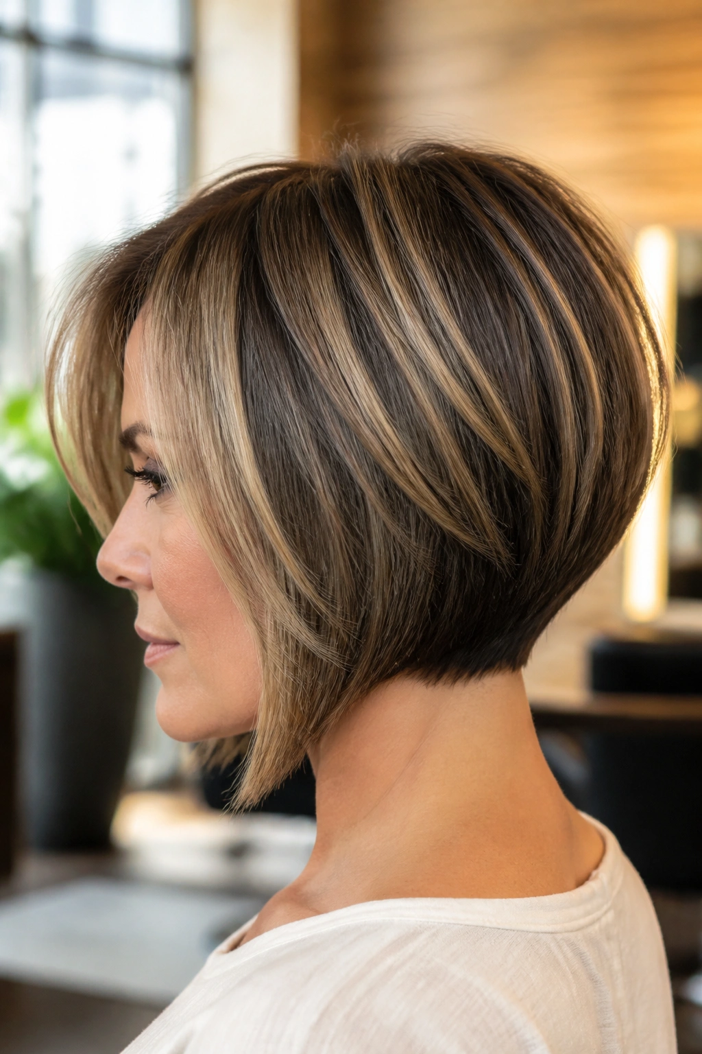 Close-up of a real woman with balayage-boosted stacked bob in a sunlit salon
