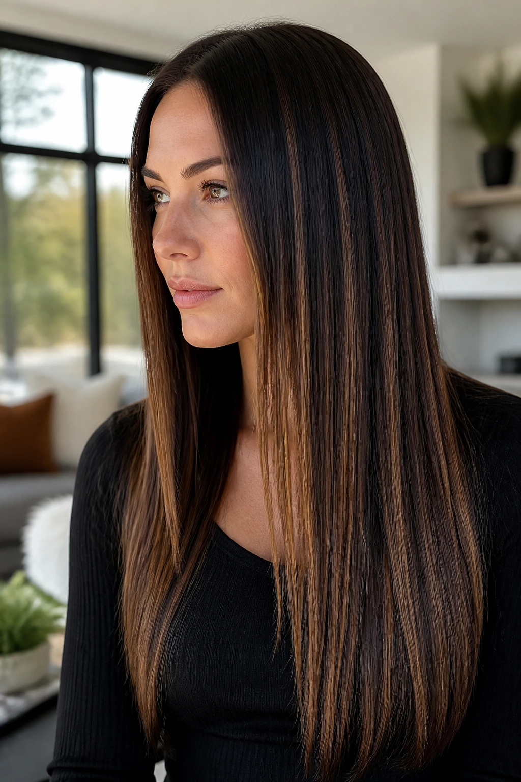 Portrait of straight hair with narrow vertical ribbons in a bright room.