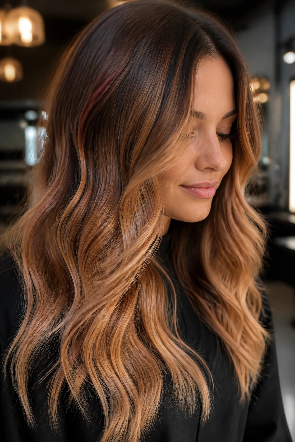 Close-up of a real woman with golden strawberry balayage on brown hair fading to strawberry-blonde at the ends