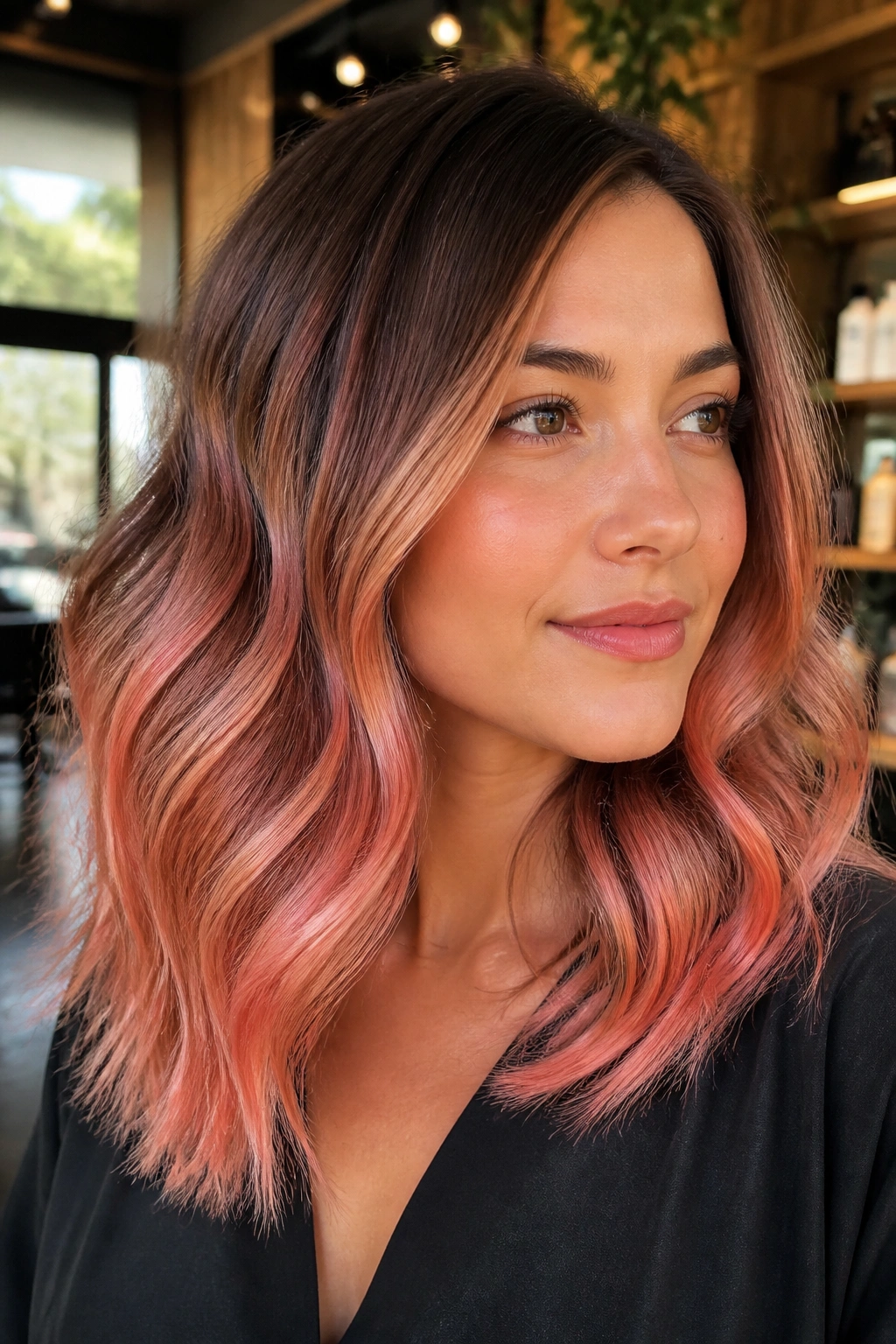 Close-up of real woman with strawberry champagne balayage on brown hair with peach and gold tones
