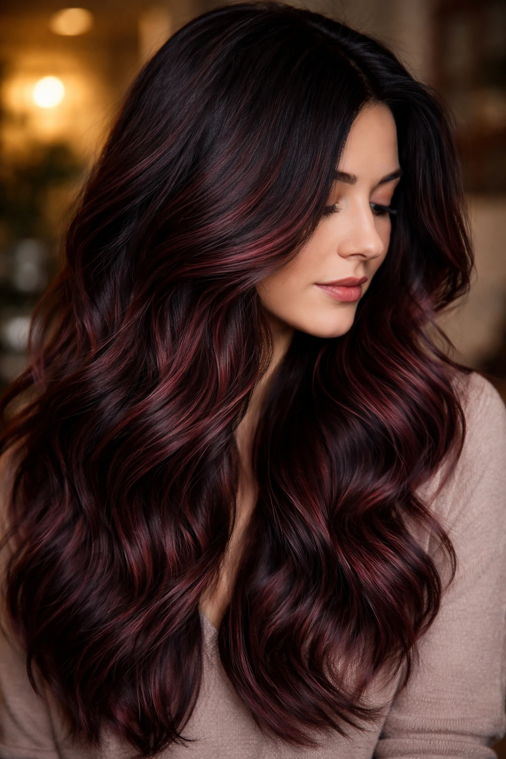 Close-up of dark brown hair with subtle red-purple wine tones