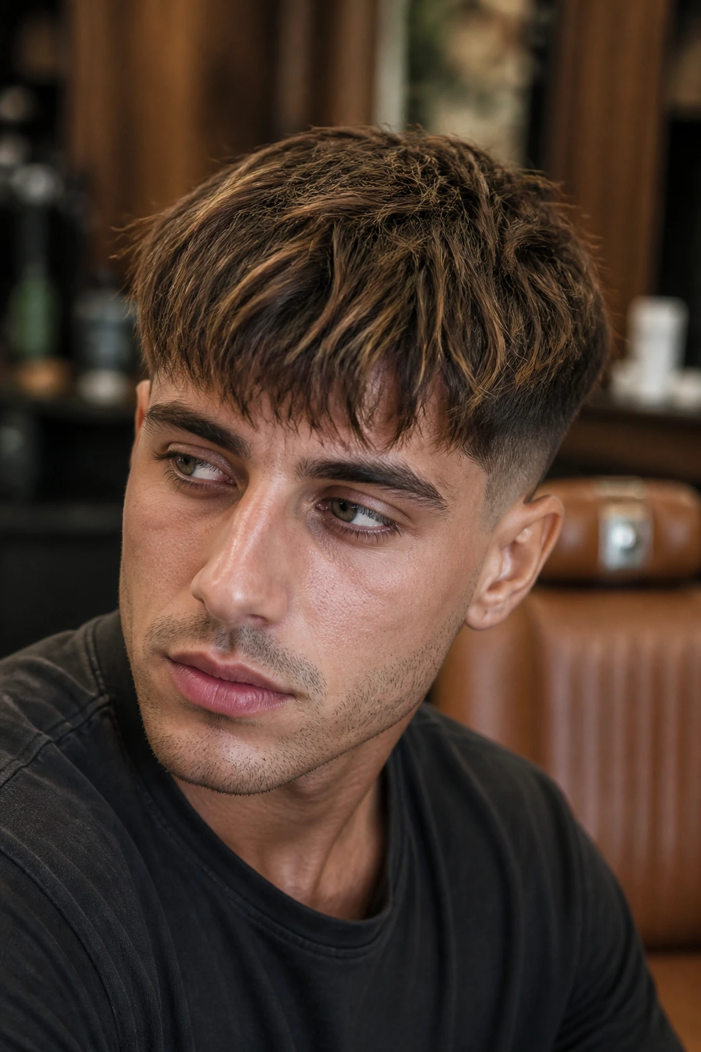 Close-up of a man with a textured crop featuring soft caramel balayage for warmth and depth
