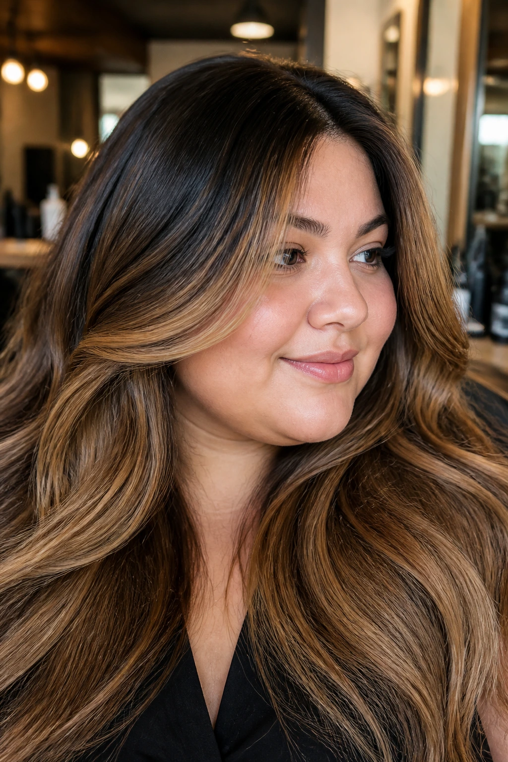 Real woman with thick hair and expansive caramel slices and dark roots