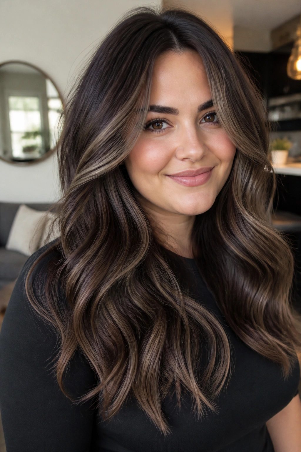 Medium-close portrait of a real person with cool brunette balayage on thick hair