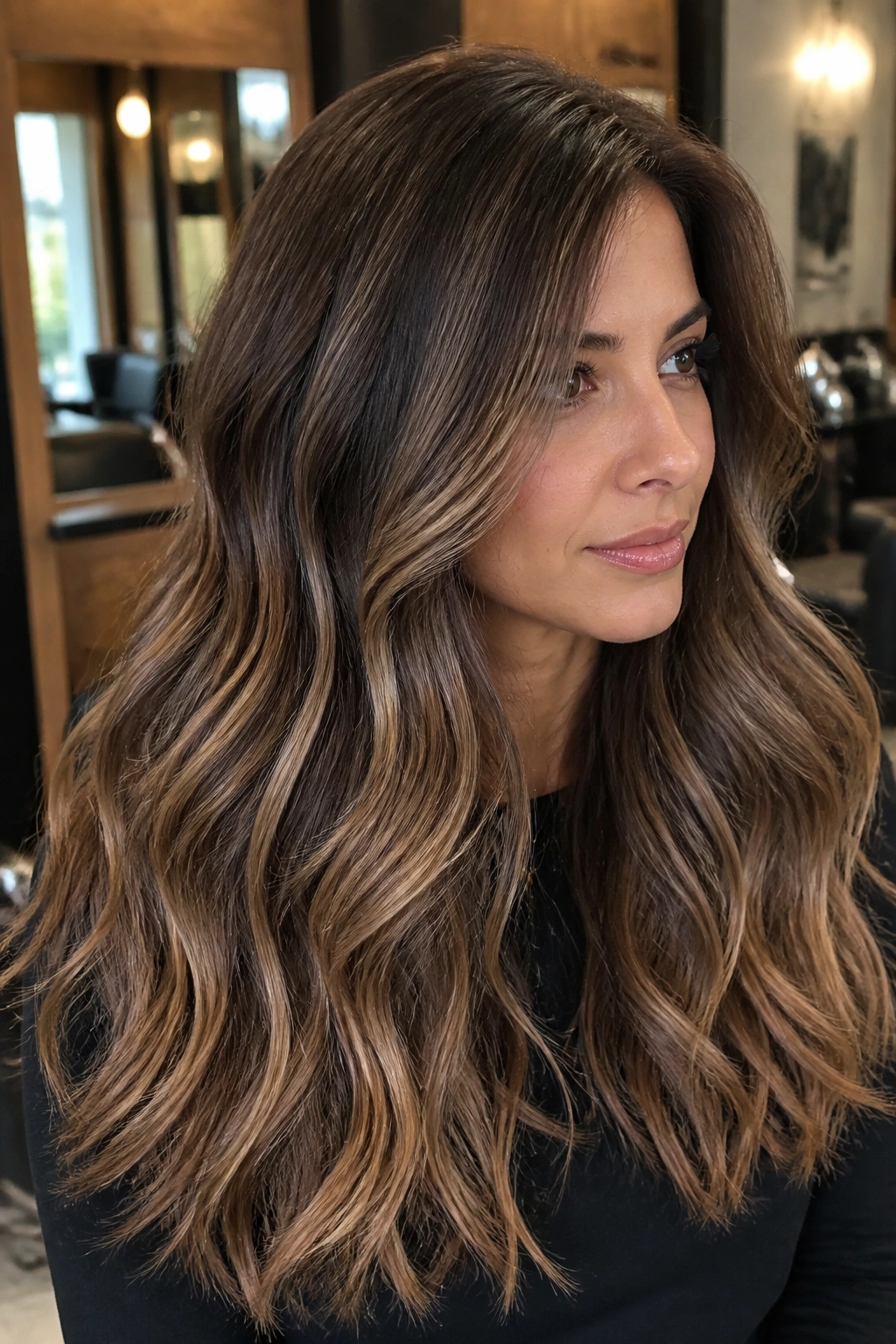 Close-up of thick hair with mocha balayage showing dimensional ribbons